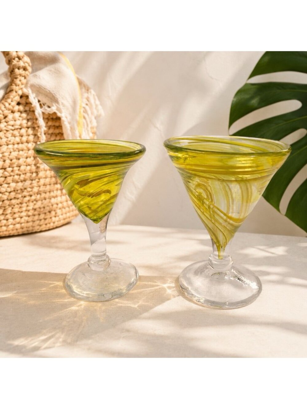 James Hayes Art Glass Set of 2 Artist Signed Martini Glasses Swirly Green
